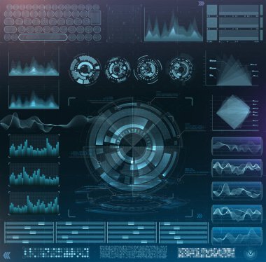 Vektör fütüristik gövde tasarımı. Bilgi elementlerini ayarla. sanal hologram, manzara, seviyeler, dalgalar ve titreşimler, klavye
