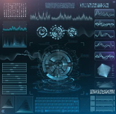 Vektör fütüristik gövde tasarımı. Bilgi elementlerini ayarla. sanal hologram, manzara, seviyeler, dalgalar ve titreşimler, klavye