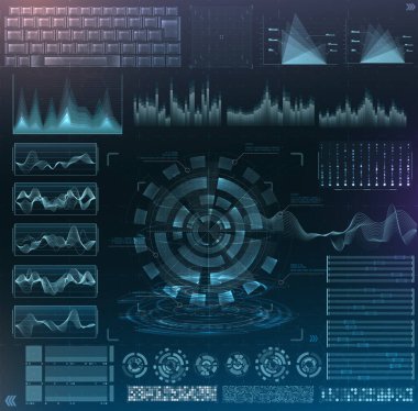 Vektör fütüristik gövde tasarımı. Bilgi elementlerini ayarla. sanal hologram, manzara, seviyeler, dalgalar ve titreşimler, klavye