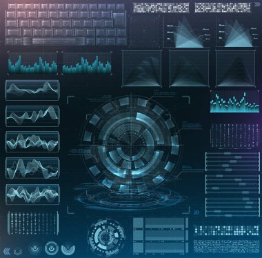 Vektör fütüristik gövde tasarımı. Bilgi elementlerini ayarla. sanal hologram, manzara, seviyeler, dalgalar ve titreşimler, klavye