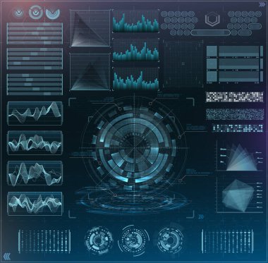 Vektör fütüristik gövde tasarımı. Bilgi elementlerini ayarla. sanal hologram, manzara, seviyeler, dalgalar ve titreşimler, klavye