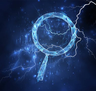 Mavi gökyüzünün arka planında 3d vektör nesnesi. Şimşek ve gök gürültüsü. Güç ve güç