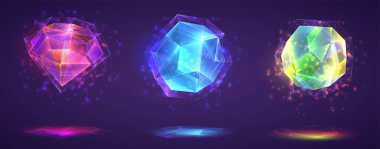 Sihirli kristallerin vektör kümesi. Parlak gökkuşağı bitmiş değerli taş