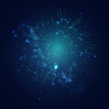 Gece gökyüzünde yeşil ve mavi havai fişekler, kıvılcım ve ruh hallerinden oluşan şenlikli vektör seti