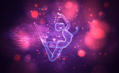 Neon mor ve pembe arkaplan üzerinde dalgalı iplikler ve daireler arasında, noktalardan ve eğrilerden 3d vektörü kız