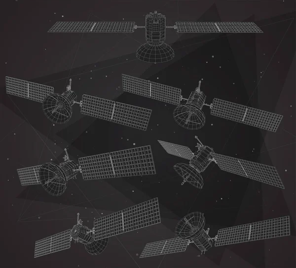 Vektorsatz Kommunikationssatelliten Der Erdnahen Umlaufbahn Raumfahrttechnologie Der Zukunft — Stockvektor