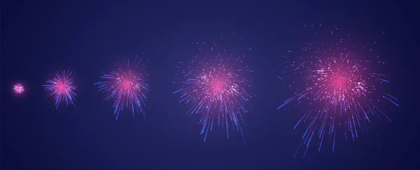 濃い紫色の背景に花火の爆発のさまざまな段階のベクトルセット — ストックベクタ