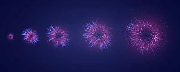濃い紫色の背景に花火の爆発のさまざまな段階のベクトルセット — ストックベクタ