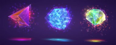 Sihirli kristallerin vektör kümesi. Parlak gökkuşağı bitmiş değerli taş