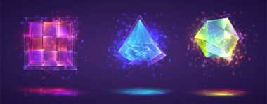 Sihirli kristallerin vektör kümesi. Parlak gökkuşağı bitmiş değerli taş