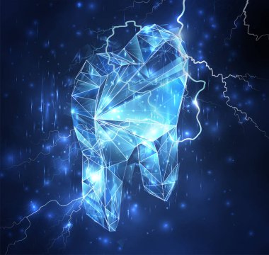 Mavi gökyüzünün arka planında 3d vektör nesnesi. Şimşek ve gök gürültüsü. Güç ve güç