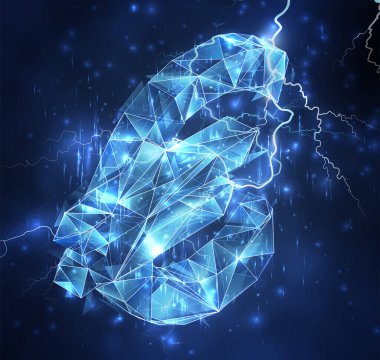 Mavi gökyüzünün arka planında 3d vektör nesnesi. Şimşek ve gök gürültüsü. Güç ve güç