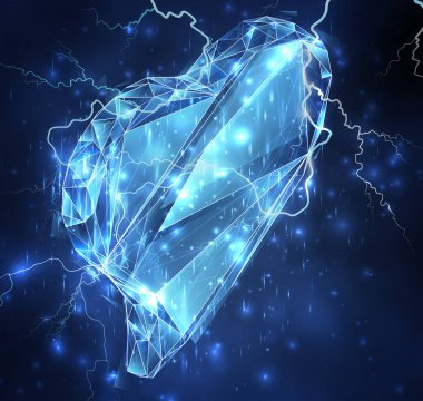 Fırtınalı mavi gökyüzünde 3 boyutlu vektör sembolü ve yıldırım çarpıyor.