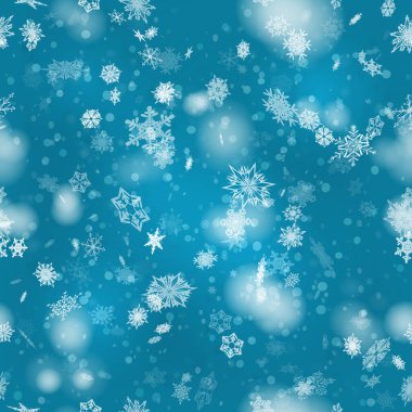 Mavi arka planda Yeni Yıl kar tanelerinden kar yağıyor. tasarım için vektör arkaplanı