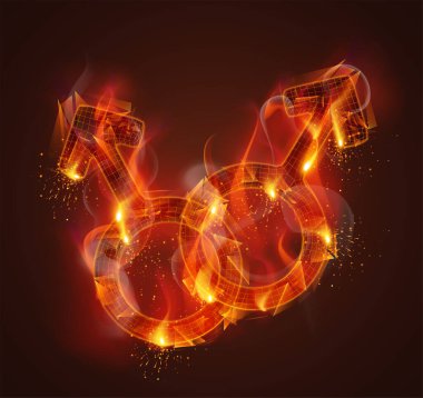 3D vektör sembolü duman ve koyu kırmızı arka planda kıvılcımlar