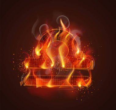 3D vektör sembolü duman ve koyu kırmızı arka planda kıvılcımlar