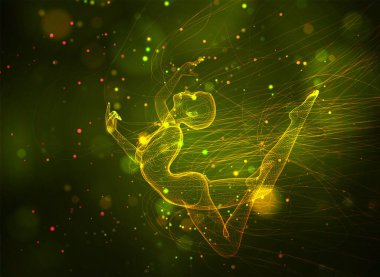 Sarı arkaplanda dalgalı iplikler ve daireler arasında, noktalardan ve eğrilerden 3d vektör kızı