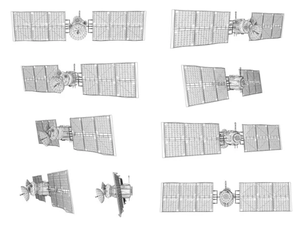 Vektor Ditetapkan Satelit Komunikasi Dari Orbit Dekat Bumi Teknologi Ruang - Stok Vektor