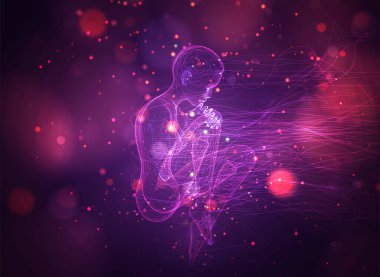 Neon mor ve pembe arkaplan üzerinde dalgalı iplikler ve daireler arasında, noktalardan ve eğrilerden 3d vektörü kız