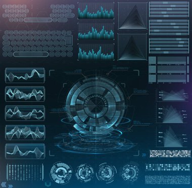 Vektör fütüristik gövde tasarımı. Bilgi elementlerini ayarla. sanal hologram, manzara, seviyeler, dalgalar ve titreşimler, klavye