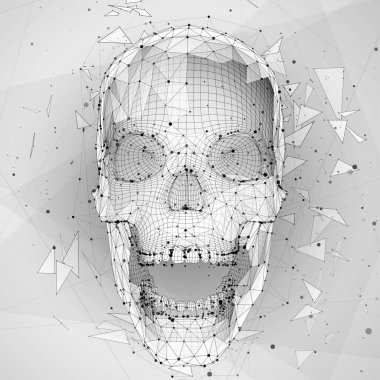 Tüm segmentlerin 3 boyutlu vektör insan kafatası patlaması. parlak sanat.