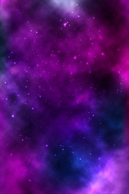 Yıldızlarla, galaksilerle, nebulalarla dolu sonsuz bir uzayın vektör arkaplanı. Beyaz noktalı parlak yağ lekeleri ve lekeler