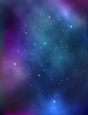 Yıldızlarla, galaksilerle, nebulalarla dolu sonsuz bir uzayın vektör arkaplanı. Beyaz noktalı parlak yağ lekeleri ve lekeler