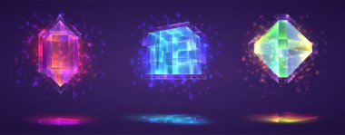 Sihirli kristallerin vektör kümesi. Parlak gökkuşağı bitmiş değerli taş