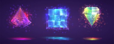Sihirli kristallerin vektör kümesi. Parlak gökkuşağı bitmiş değerli taş