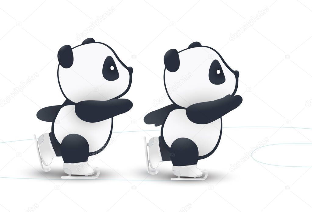 vector illustration, small funny panda ice skating. isolated white background. set.