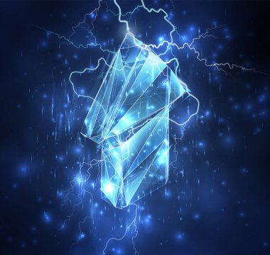 Mavi gökyüzünün arka planında 3d vektör nesnesi. Şimşek ve gök gürültüsü. Güç ve güç