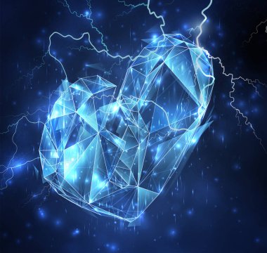 Mavi gökyüzünün arka planında 3d vektör nesnesi. Şimşek ve gök gürültüsü. Güç ve güç