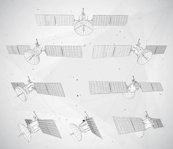 Vektorsatz Kommunikationssatelliten Der Erdnahen Umlaufbahn Raumfahrttechnologie Der Zukunft — Stockvektor