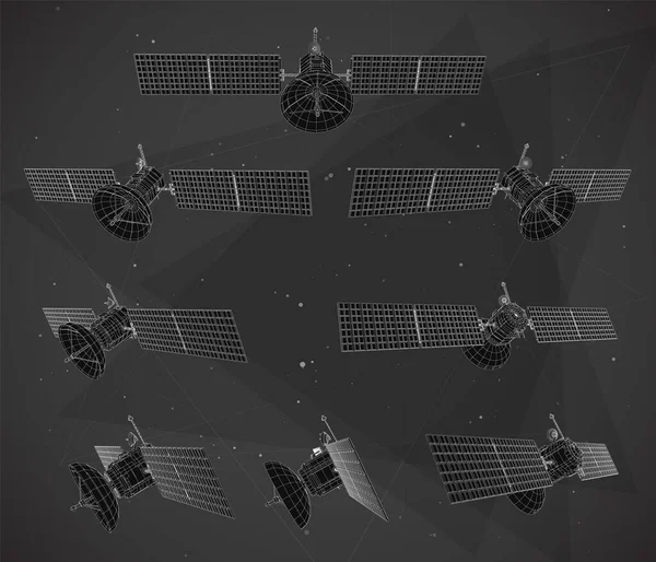 Set Vettoriale Satellite Comunicazione Orbita Terrestre Vicina Tecnologia Spaziale Del — Vettoriale Stock