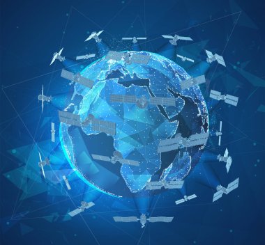 Vektör küre, Dünya gezegeni, noktalardan. Dünya yörüngesinin haberleşme uydusu. konsept büyük veri.