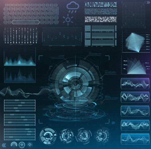 Vektör fütüristik gövde tasarımı. Bilgi elementlerini ayarla. sanal hologram, manzara, seviyeler, dalgalar ve titreşimler, klavye