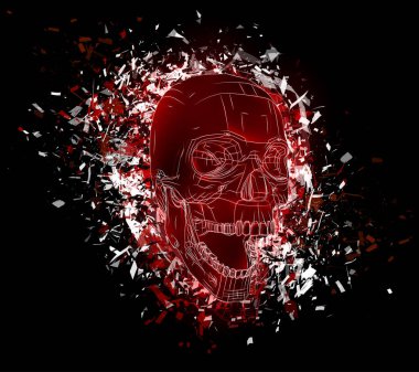 Vektör kafatası patlamış ve her yöne sıçramış. Korkunç ve güzel şablon