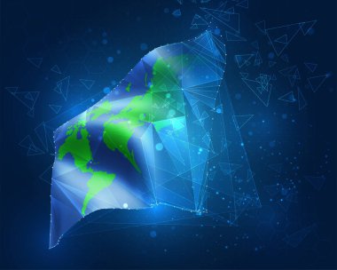 Dünya koruma vektörü bayrağı, mavi arkaplandaki üçgen çokgenlerden sanal üç boyutlu nesne.