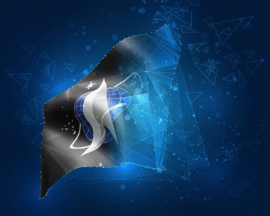 Uzay birlikleri vektör bayrağı, mavi arkaplan üzerinde üçgen çokgenlerden sanal üç boyutlu nesne