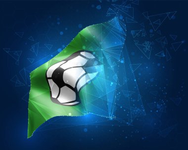 Futbol topu vektör bayrağı, mavi arkaplan üzerinde üçgen çokgenlerden sanal üç boyutlu nesne