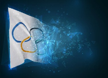 Olimpiyat Oyunları vektör bayrağı, mavi arkaplandaki üçgen çokgenlerden sanal üç boyutlu nesne