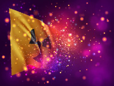 Pembe arkaplanda ışık ve fişeklerle birlikte 3d radyo aktif tehlike vektörü.