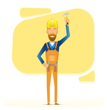 Tecrübeli inşaat işçisi beyaz arka planda tek başına duruyor. Elinde bir çekiç tutuyor. ustanın güvenilir ve kaliteli onarımı