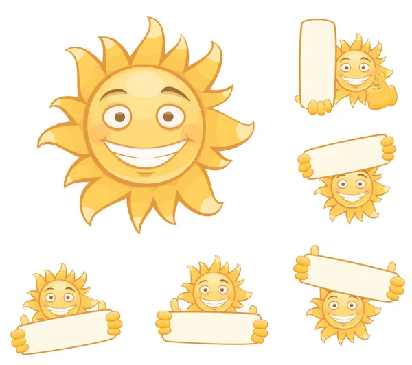 Ensemble Soleils Souriants Vectoriels Isolé Sur Fond Blanc — Image vectorielle