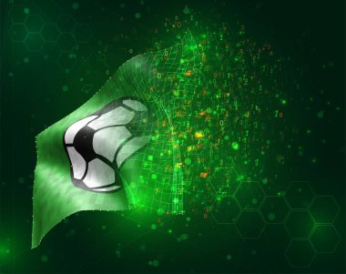 Yeşil zemin üzerinde çokgen ve veri numaralarıyla futbol topu vektörü 3d bayrağı