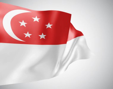 Singapur, beyaz bir arka planda rüzgarda dalgalanan dalgalı ve eğimli vektör bayrağı.