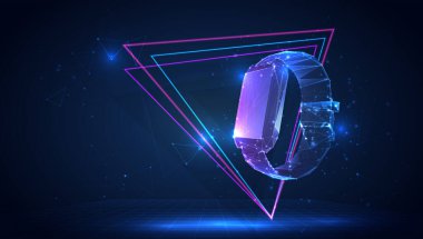 Mavi arkaplandaki üçgen çokgenlerden 3d akıllı saat