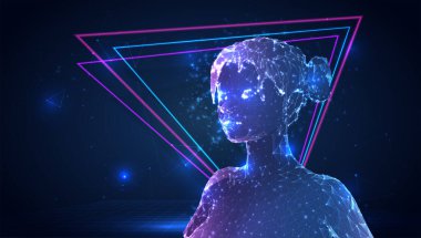 Mavi arkaplan üzerinde üçgen çokgenlerden 3d vektörü