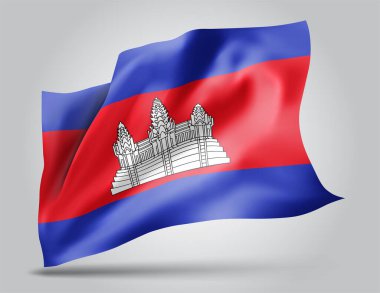 Kamboçya, beyaz zemin üzerinde rüzgarda dalgalanan dalgalar ve kıvrımlı vektör bayrağı.