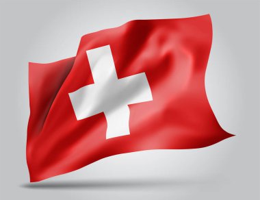 İsviçre, dalgalı vektör bayrağı ve beyaz arka planda rüzgarda dalgalanan kıvrımlar.